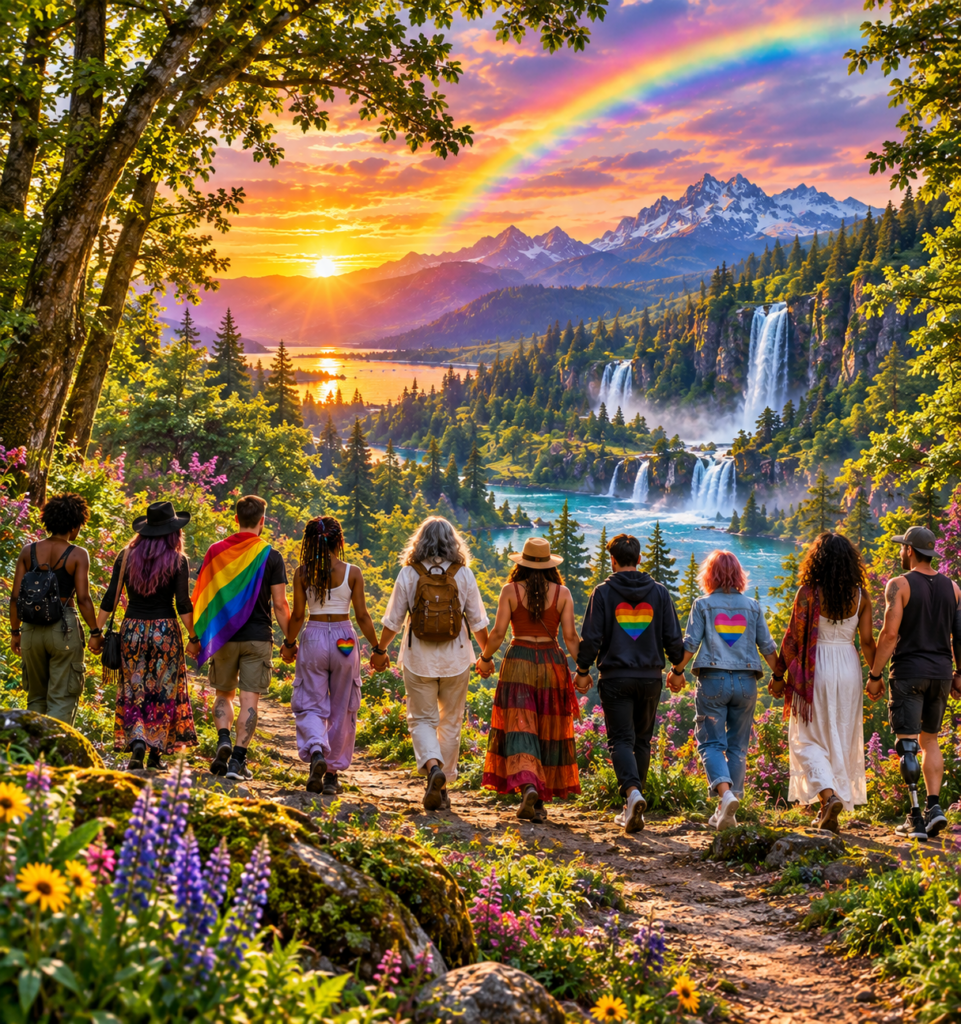 An illustration of a diverse group of people walking a mountain trail together toward a rainbow arching over waterfalls at sunrise.