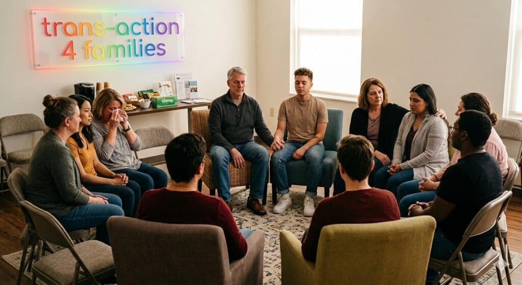 People seated in a circle in conversation at a Trans-Action 4 Families gathering.