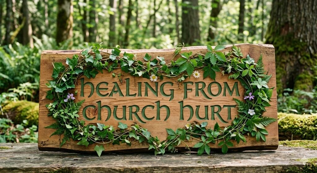 Healing from church hurt, lettering set among green leaves.
