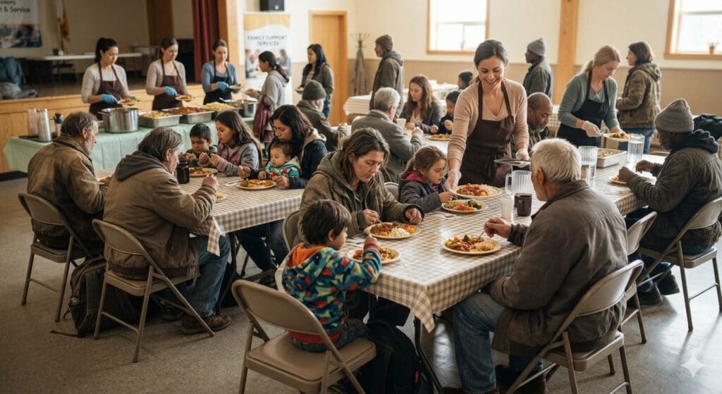 Neighbours sharing a meal together around long tables.
