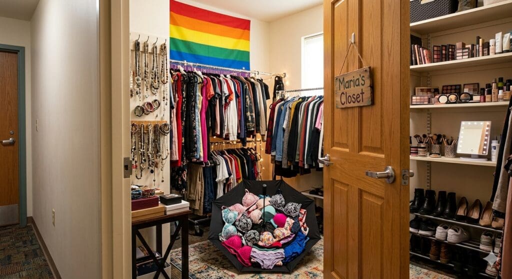 A rack of donated clothing beside a progress pride flag.